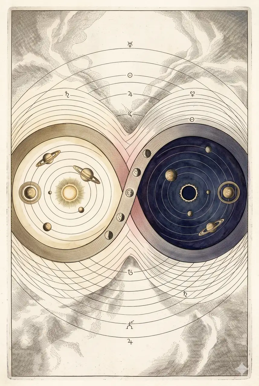 An infinity-shaped loop connecting two solar systems, one bright and one dark, with moons in transit between them