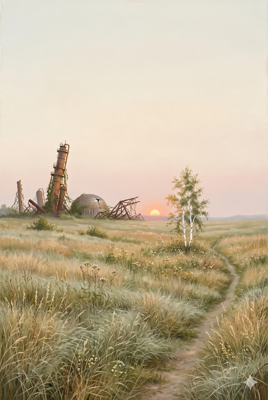 A quiet morning landscape with small figures walking toward sunrise while monumental industrial ruins stand in the background