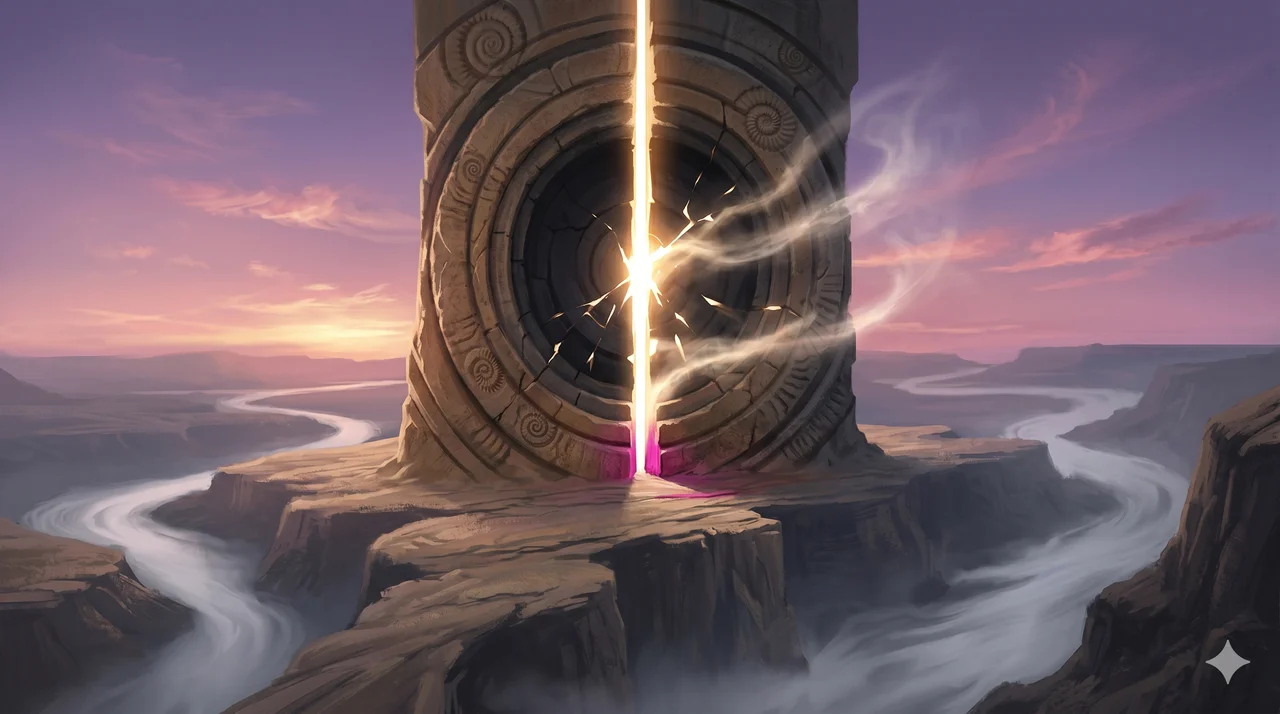 A massive cosmic doorway dissolving into light as a final figure steps back, the portal sealing with a bright seam