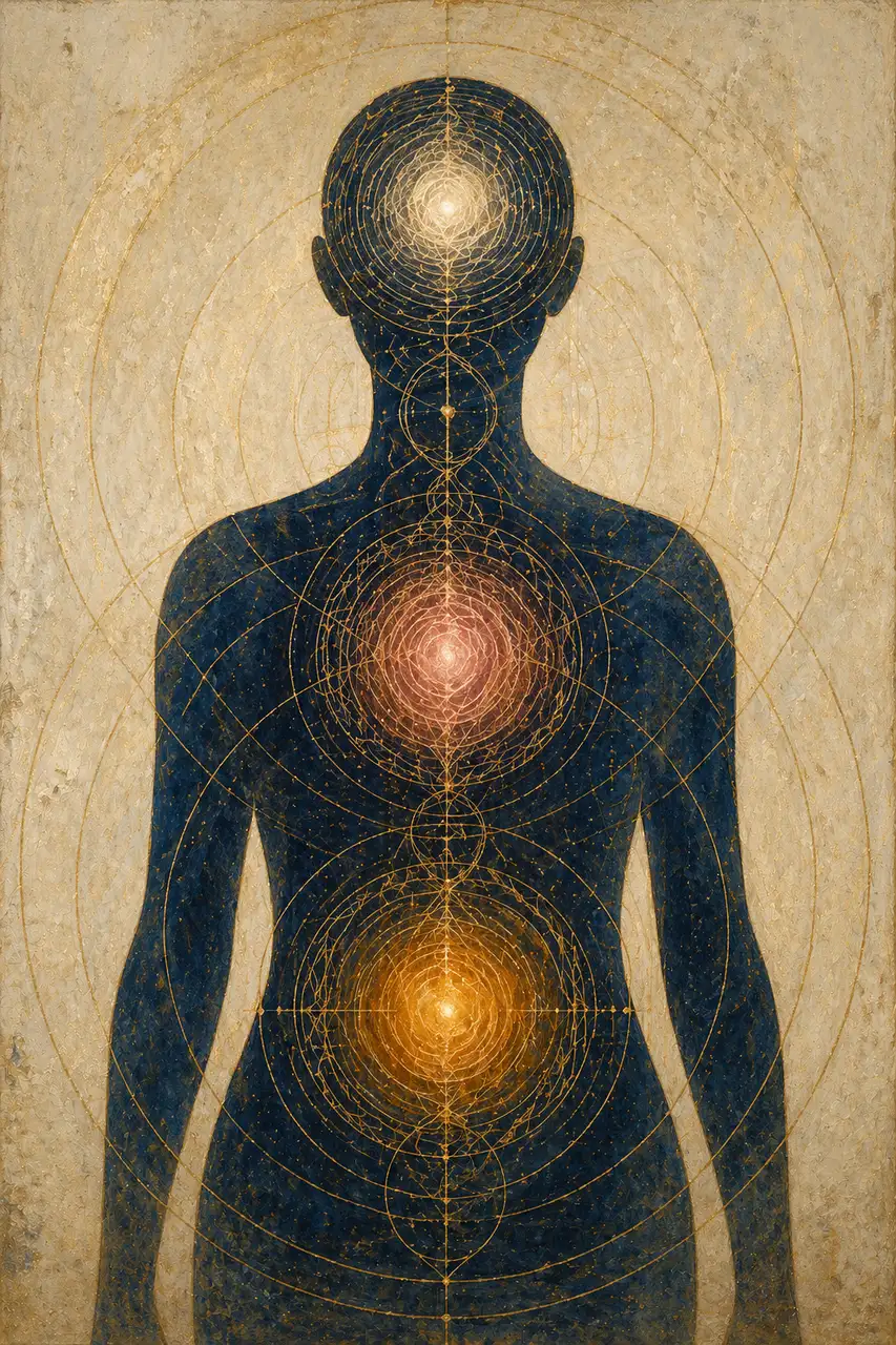 Three luminous orbs aligned vertically within a shadowed silhouette, radiating inward-outward