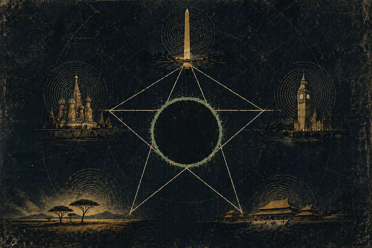 Five iconic world landmarks arranged as points on a dark star, none detonating