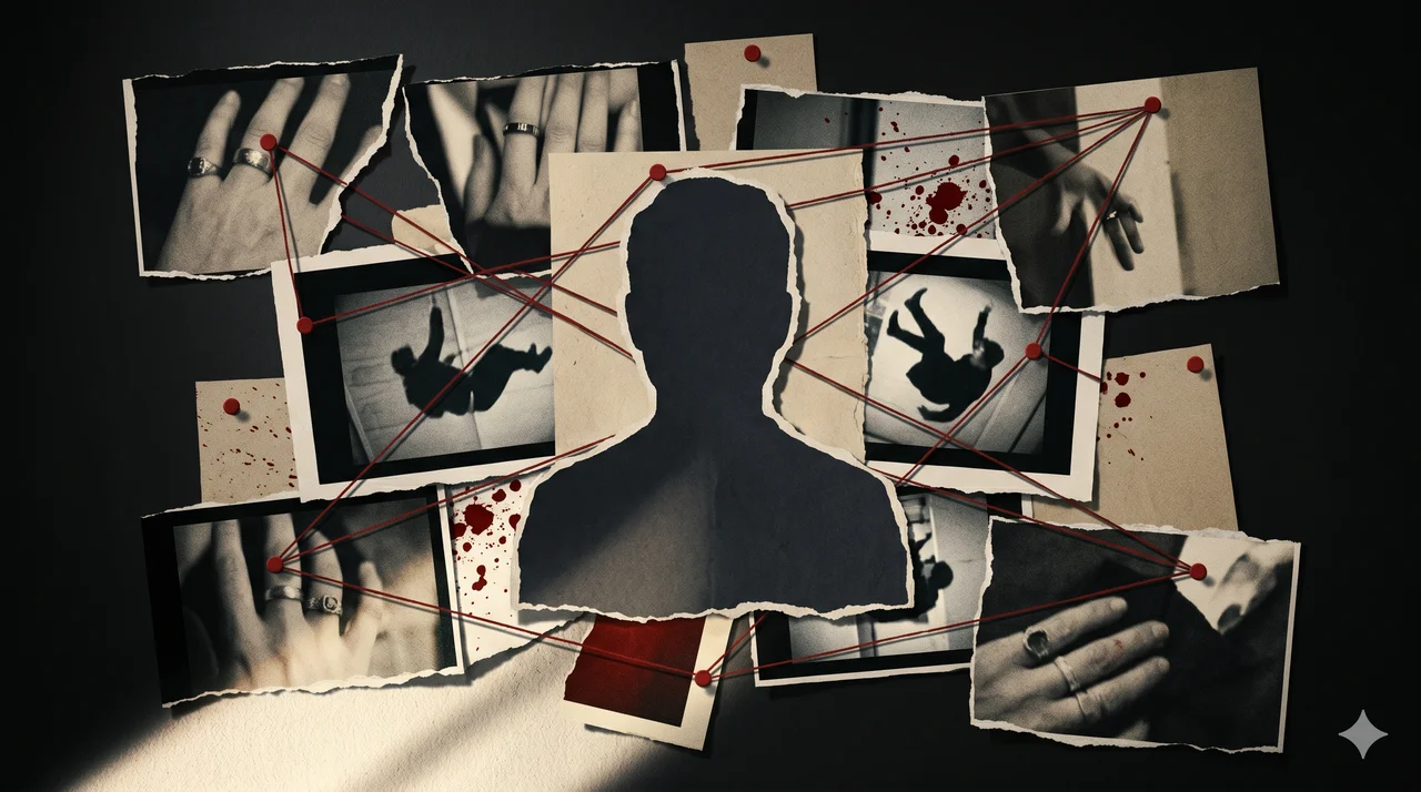 Video footage fragments scattered on a wall, some contradicting each other, a faceless figure at the center