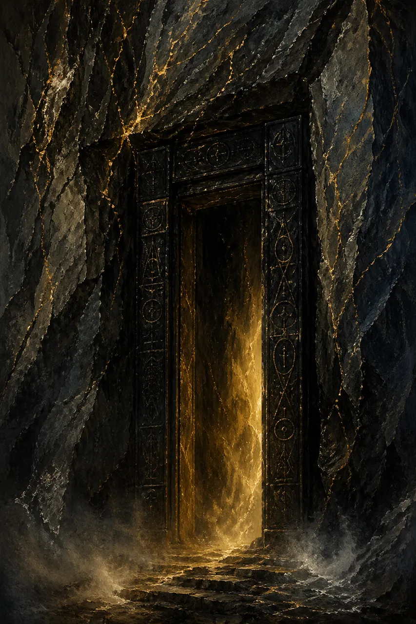 A golden-black gateway set into a mountain cliff, glowing with alternate reality light