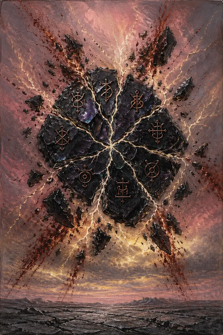 A cracked obsidian tablet inscribed with nine sigils, shattering into dark fragments against a pale dawn sky