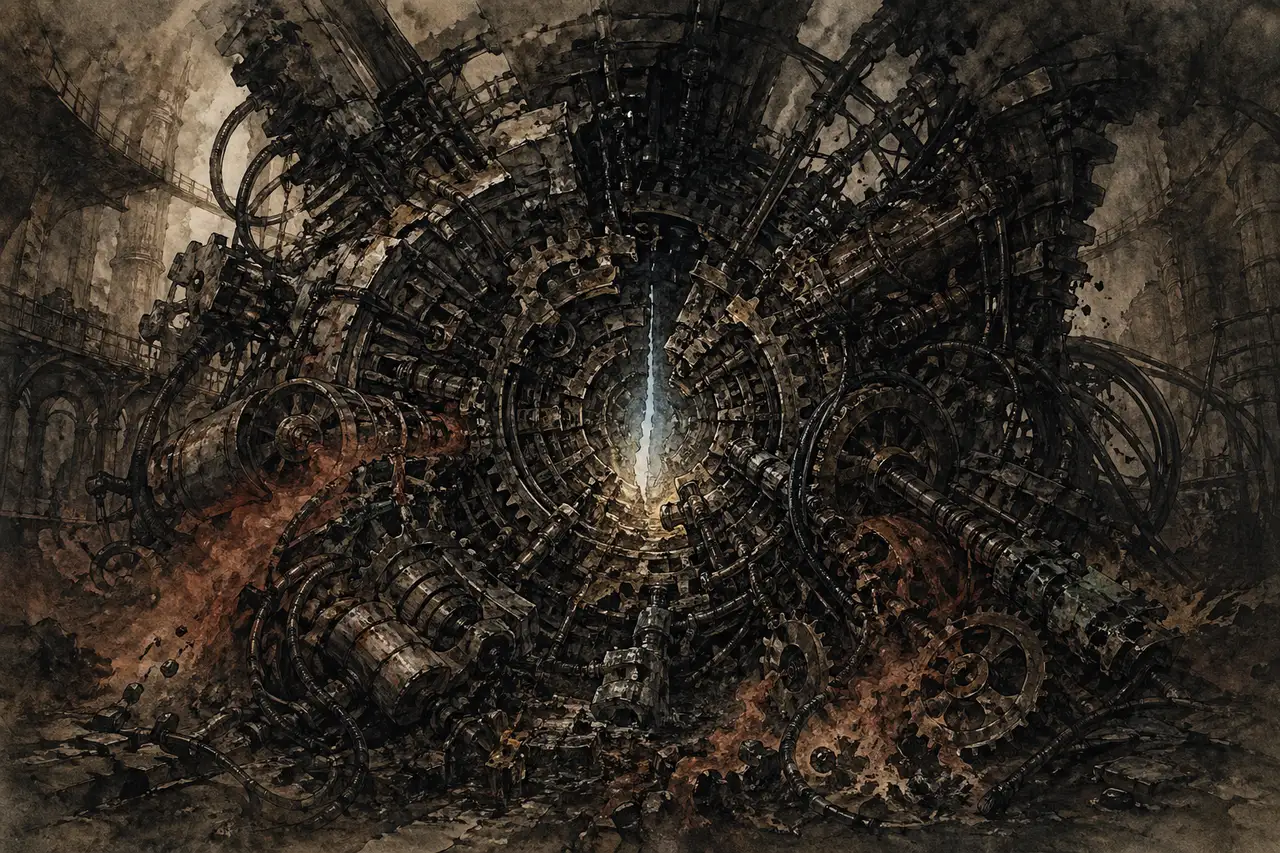 A vast decaying machine turning inward on itself, gears cracking and dark cables recoiling, with a single thread of dawn light piercing the metallic frame