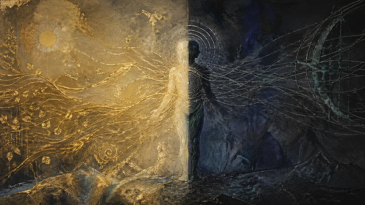 Symbolic visualization of the human overlay - a dark mirror-copy bonded to a luminous homo sapien silhouette, with golden creative energy being redirected into a shadow network