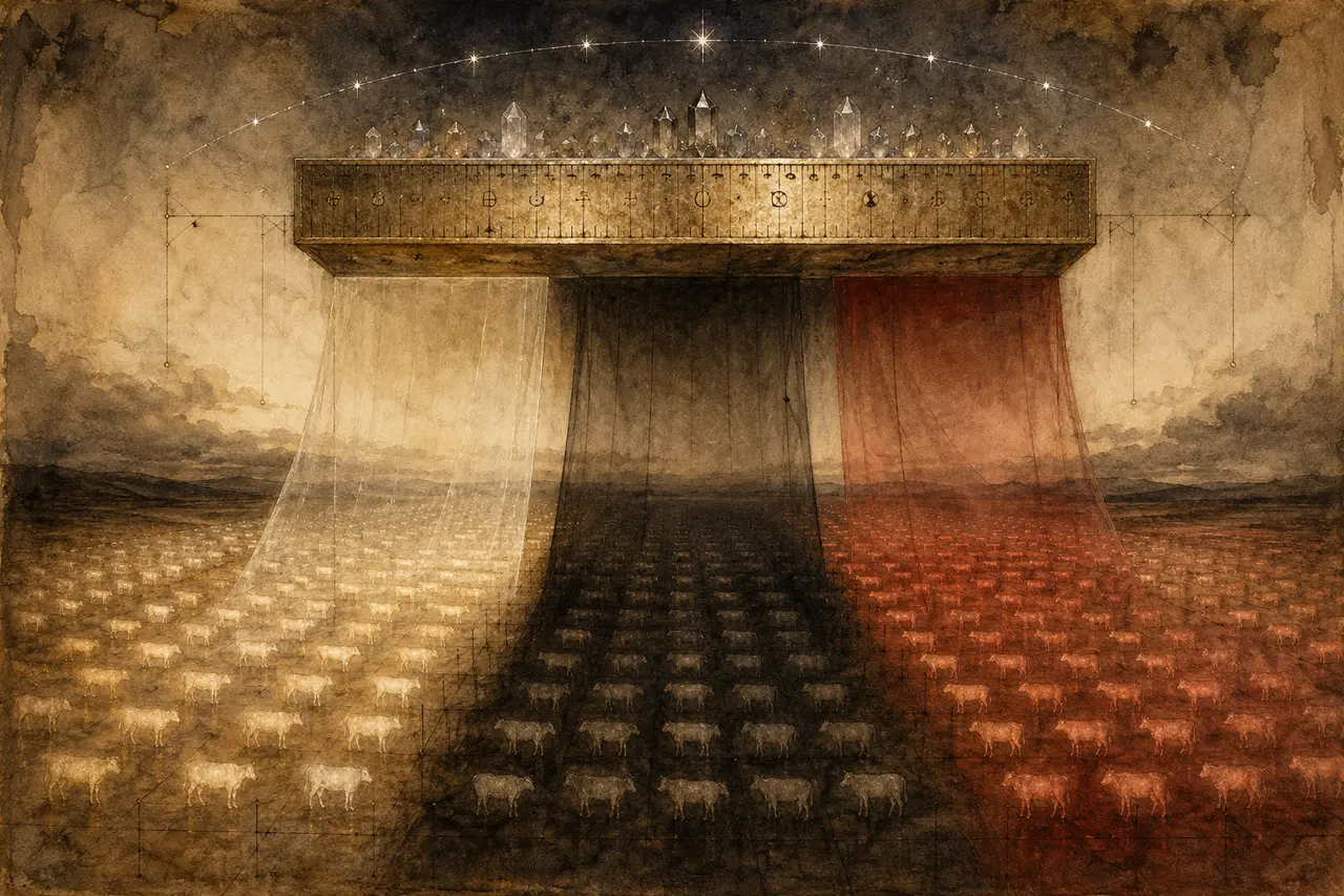Abstract cosmic ledger - columns of humanity represented as glowing cattle silhouettes being divided into three shaded zones under a celestial auction block