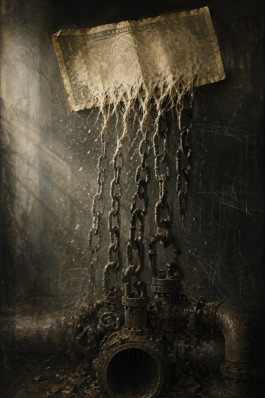 A paper banknote dissolving at the edges into a downward chain of links, as if the currency itself were transforming into an extraction pipe