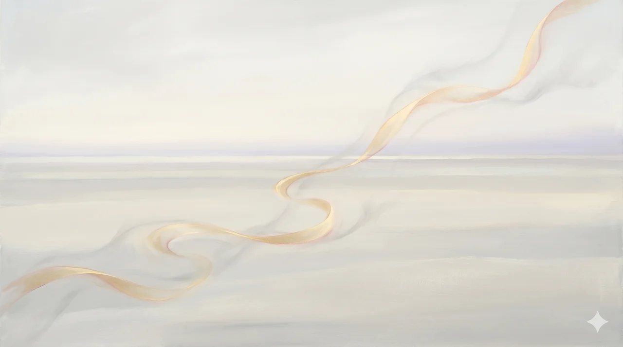 A continuous ribbon of soft golden light flowing through a clean, minimal landscape - no towers, no chains, just an unbroken current like breath