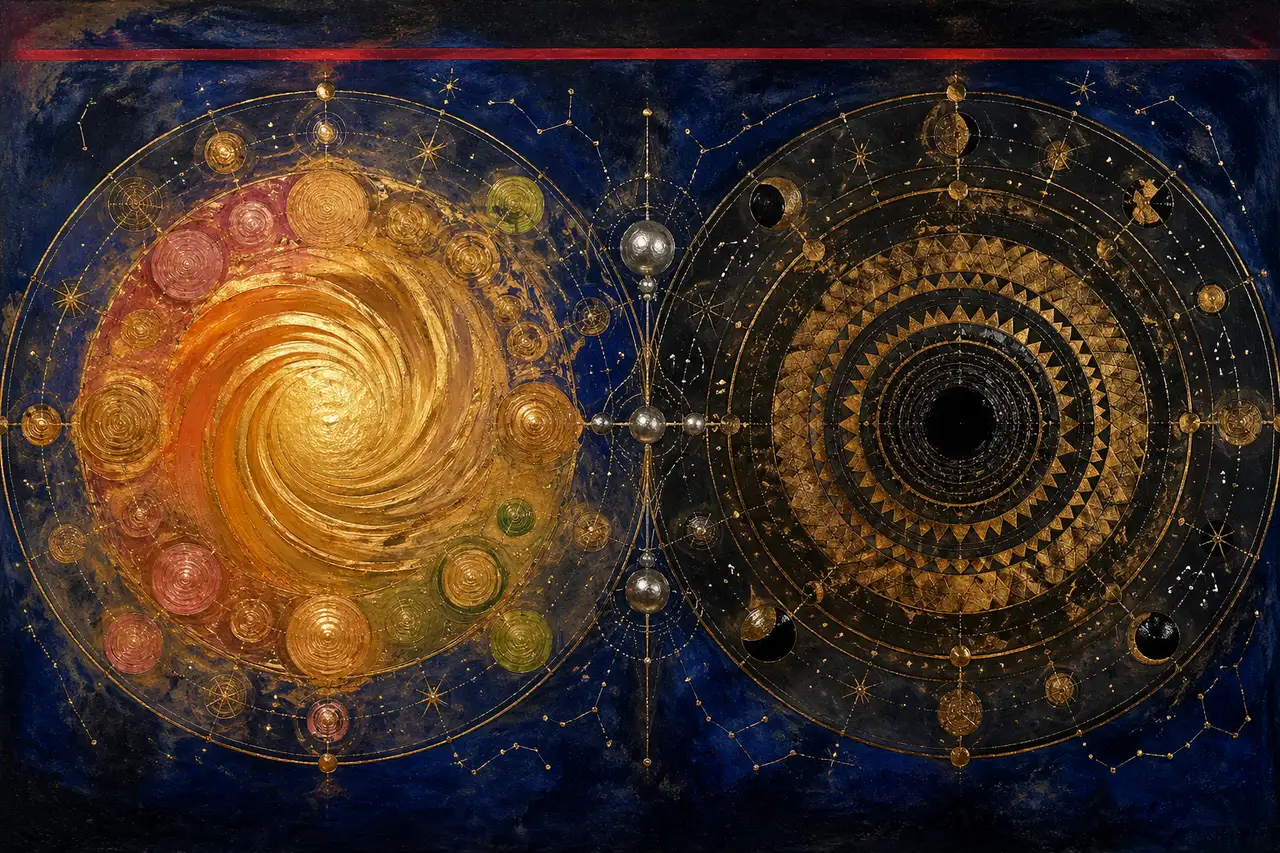Two mirrored blueprints of creation - one radiating golden ether outward in living spirals, the other pulling black-gold inward as a constricting vortex