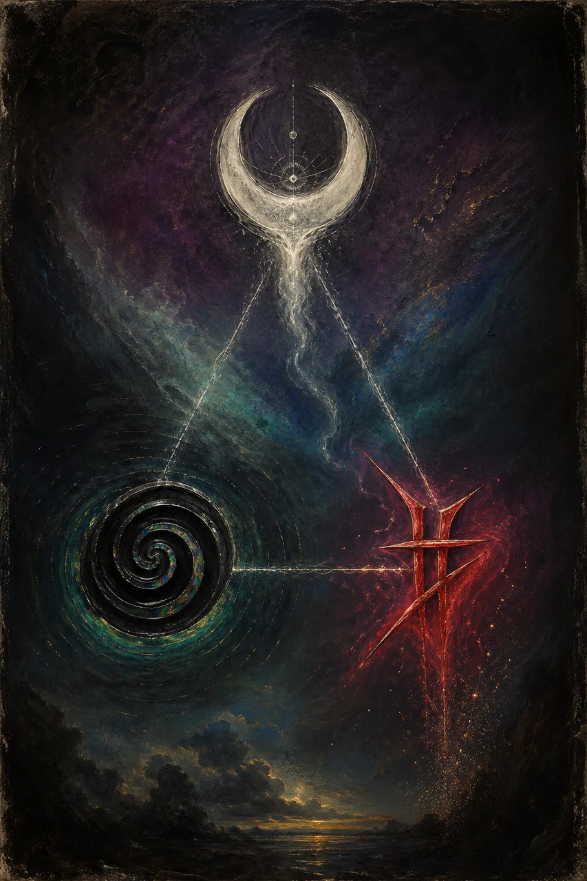 Three portal-glyphs arranged in a triangle - white crescent, black spiral, and red angular sigil - each emitting its own frequency signature