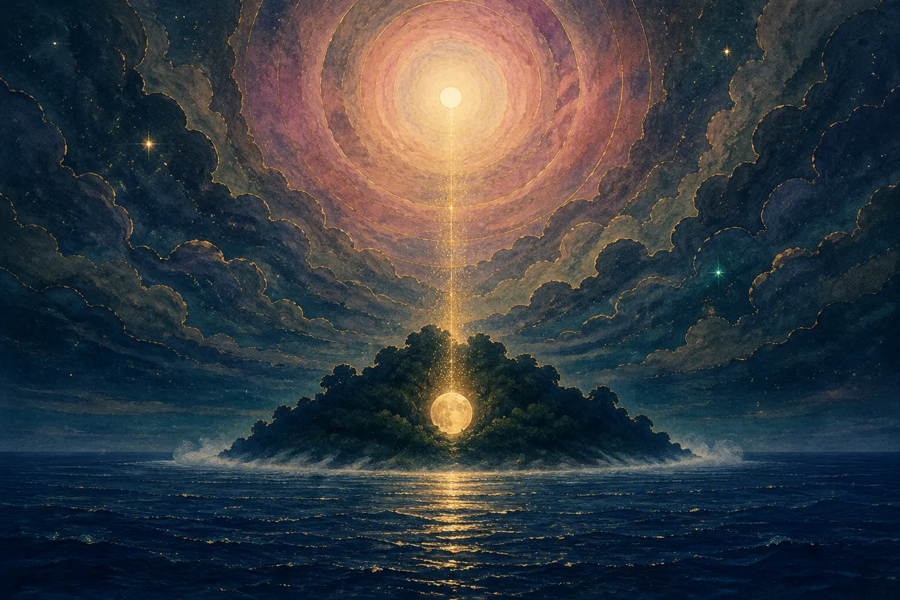 Non-literal night scene of an isolated jungle island with a luminous orb rising from its heart back toward a vast cosmic light