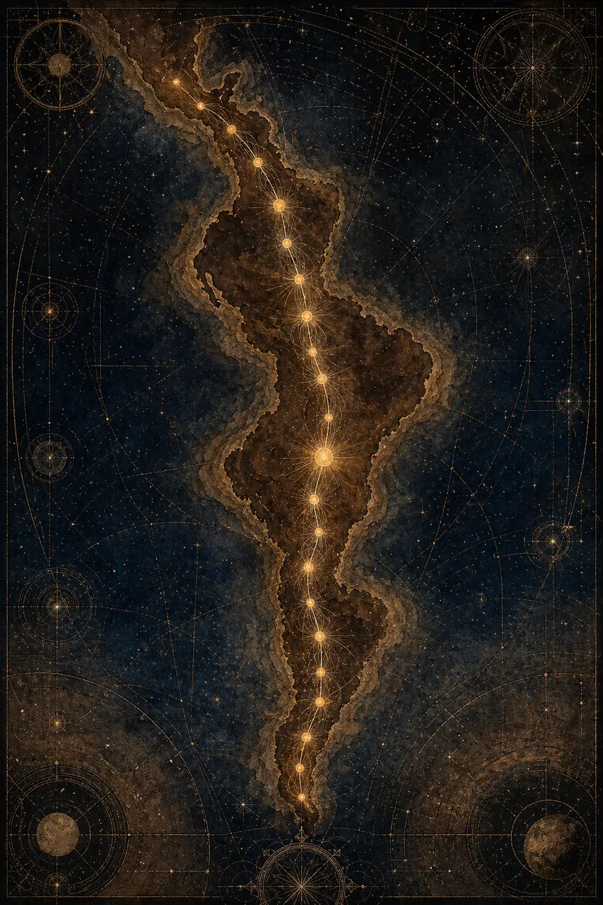 Abstract vertical map-like diagram of the Americas with glowing nodes arrayed along the continental divide, connected by faint threads