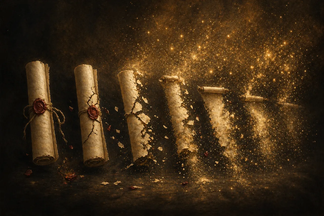 Ancient parchment scrolls cracking and dissolving into golden light against a darkened background