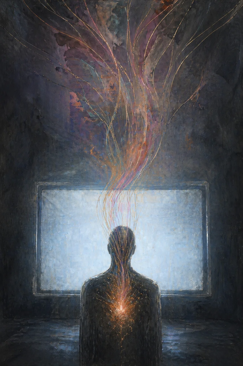 A stylized figure watching a glowing screen while threads of colored light are drawn upward and outward through unseen channels