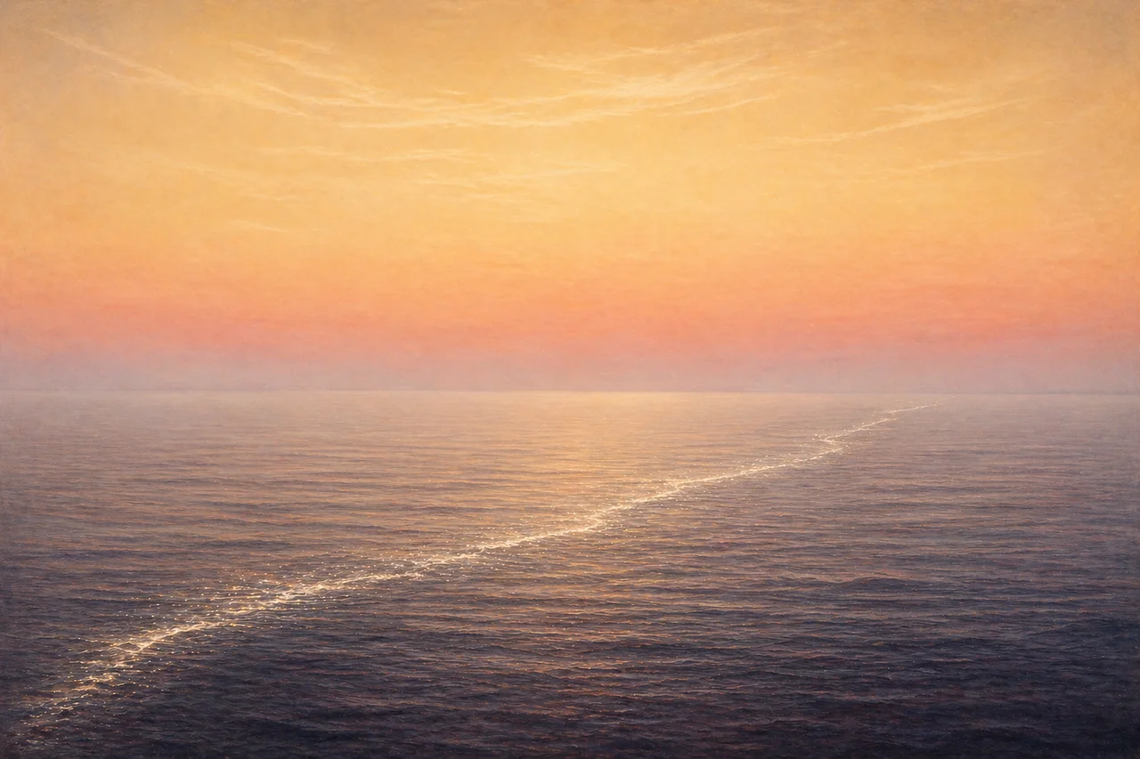 A post-storm dawn opening over calm water, unbroken current moving beneath an unclouded sky