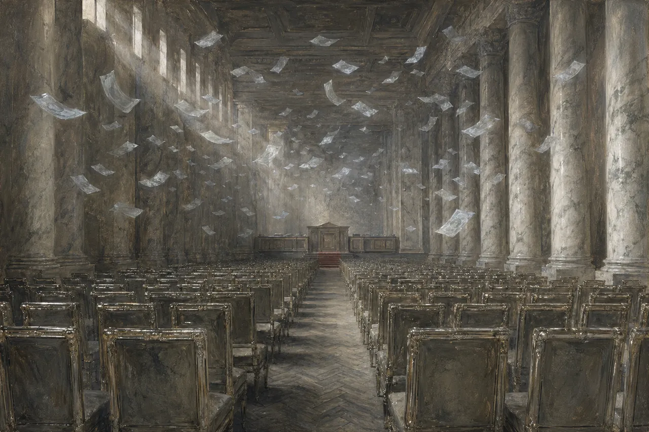 Abstract depiction of an auction hall filled with empty chairs and ghostly promissory notes drifting above them, lit by cold institutional light
