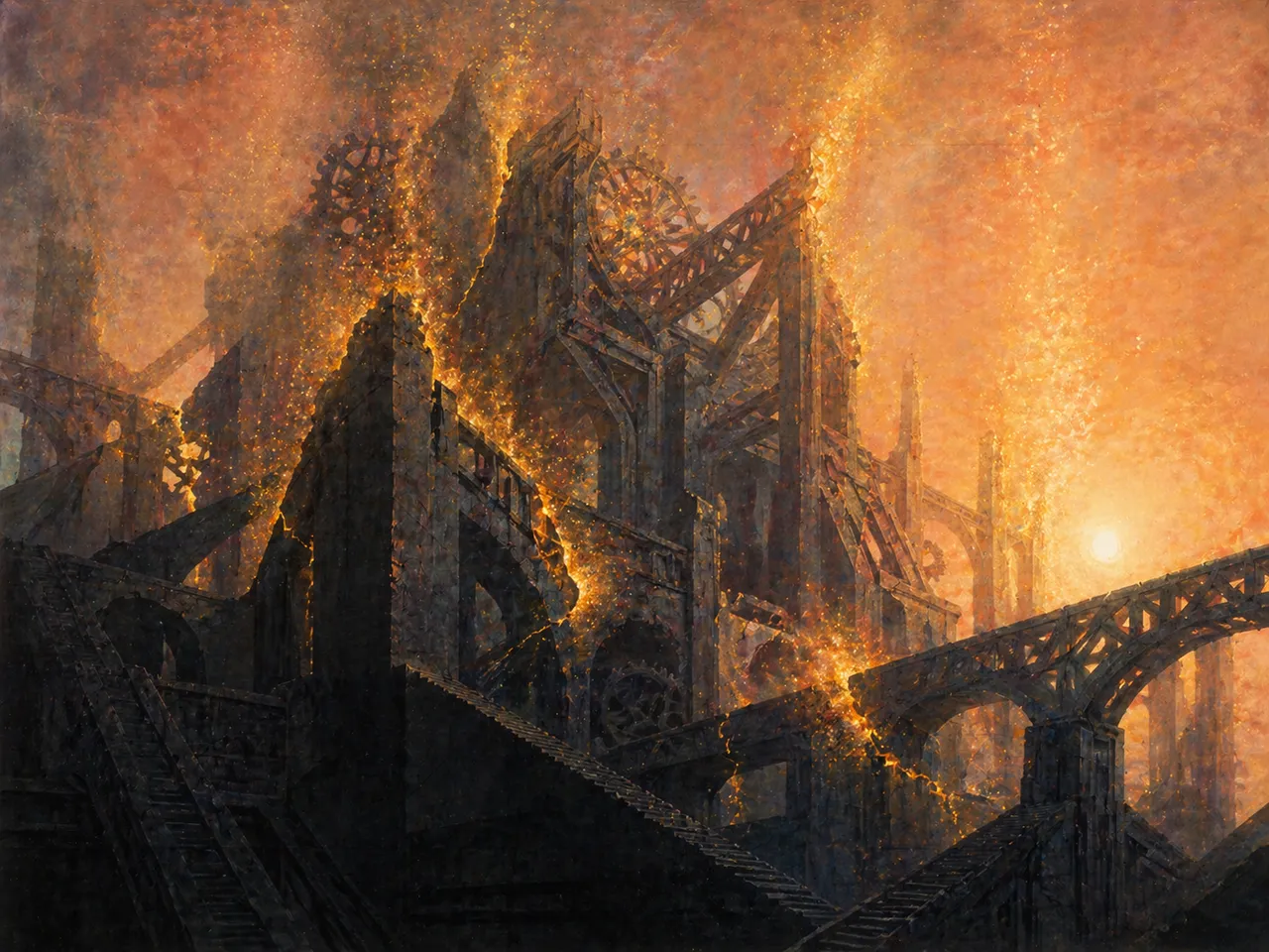 A towering lattice of dark angular architecture, sections of it cracking apart and dissolving into luminous particles of warm gold that rise upward through the fractures