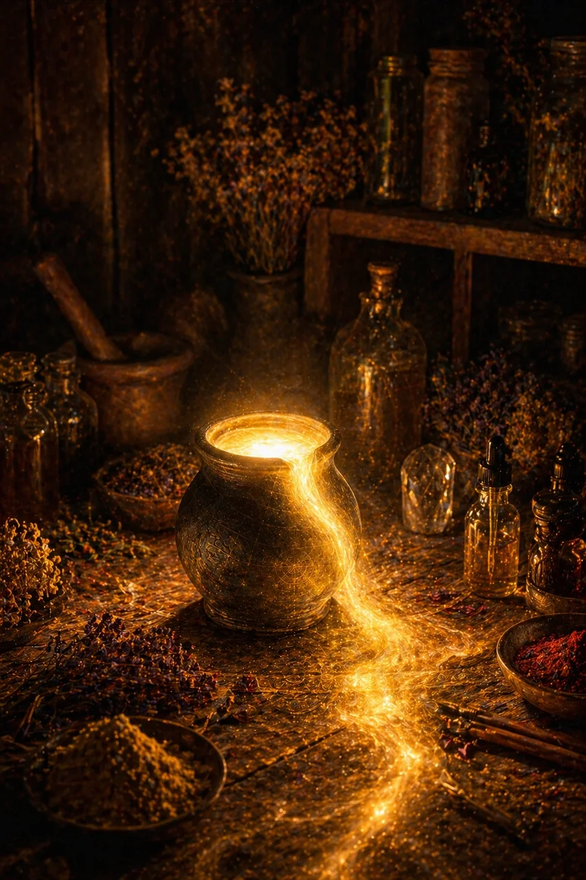 Hands cradling a small luminous vessel, golden light pouring outward into a darkened room, illustrating creation as an act of resistance