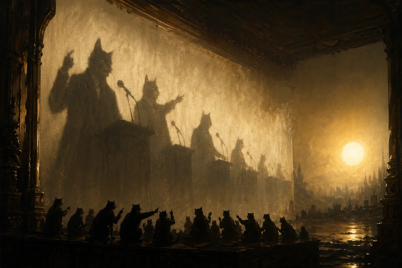 A bright source casts long shadows of political figures onto a wall while observers debate the shapes