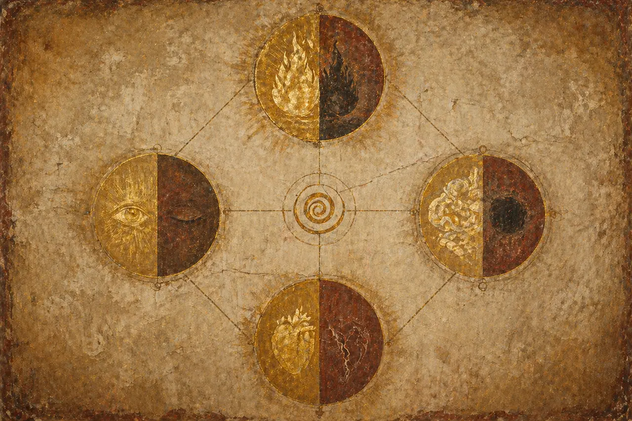 A medieval fresco-style depiction of four mirrored discs hanging in a void, each showing a power of Source on one side and its dark inversion on the other, painted in warm earth pigments and gold leaf