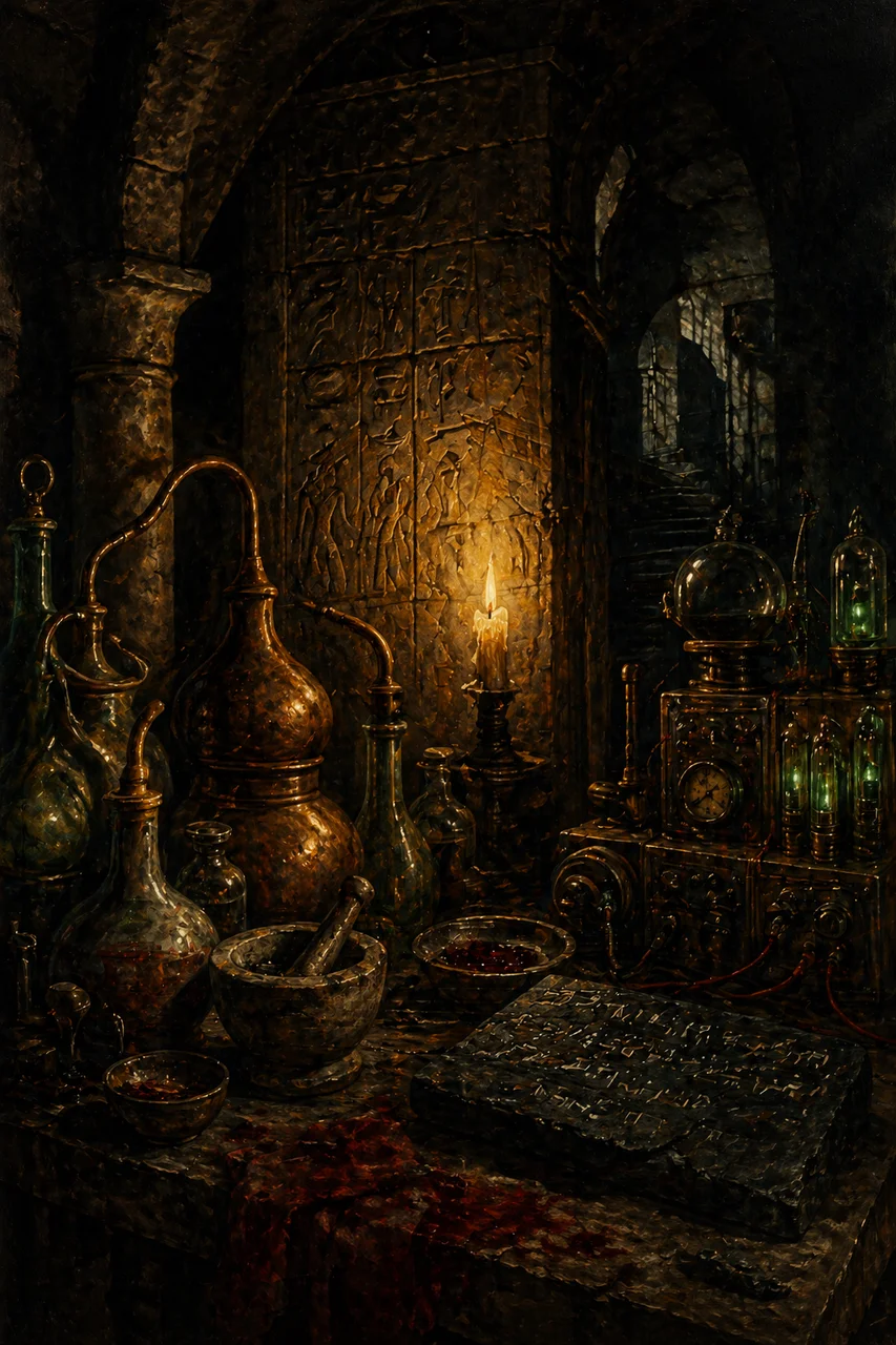 An ancient stone laboratory bench scattered with alchemical tools, glowing crystals, and Nazi-era machinery, half-shadowed in candlelight