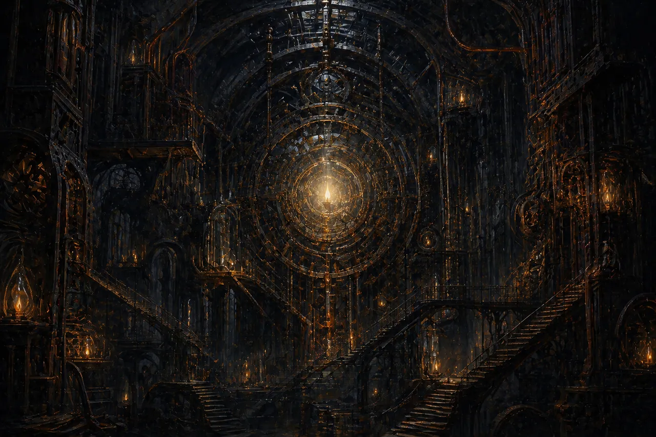A small luminous flame floating inside a dark mechanical lattice, surrounded by clockwork that cannot quite contain the light