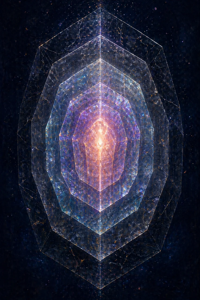 Translucent layered shells stacked over a glowing inner figure, each layer fainter and dimmer than the one before
