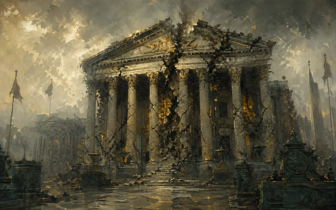 A grand institutional building with cracks spreading across its facade as gold leaf flakes off, evoking the financial collapse of multilateral institutions
