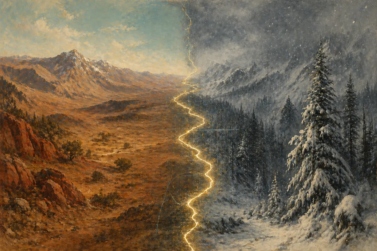 A landscape split between sun-baked mountains under bare ground and an opposing realm of heavy snow on coniferous forest, a curving seam of light running between them