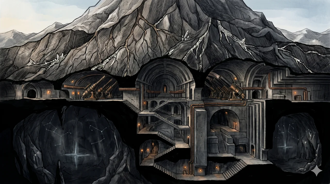 A vast cutaway view of an underground mountain installation, layers of tunnels descending into darkness, banks of arched projectors aiming upward through the rock, faint reflections of constellations on the cavern walls