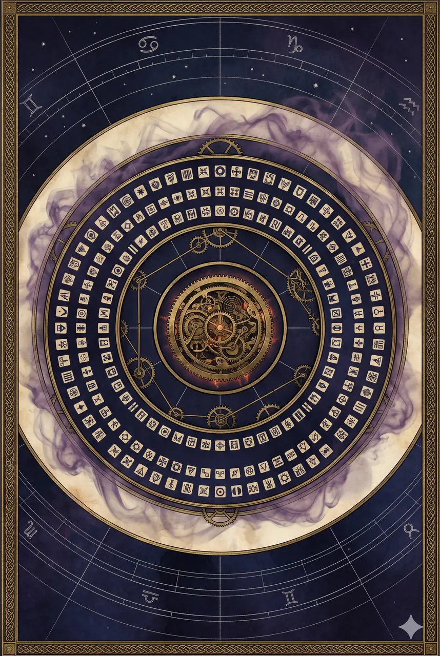 An abstract diagrammatic illustration of nested concentric rings, the outermost faded and labeled 'Unknown Country', middle ring containing 172 indistinct nation-state markers, inner core a small dense engine of gears, all rendered in muted brass and indigo