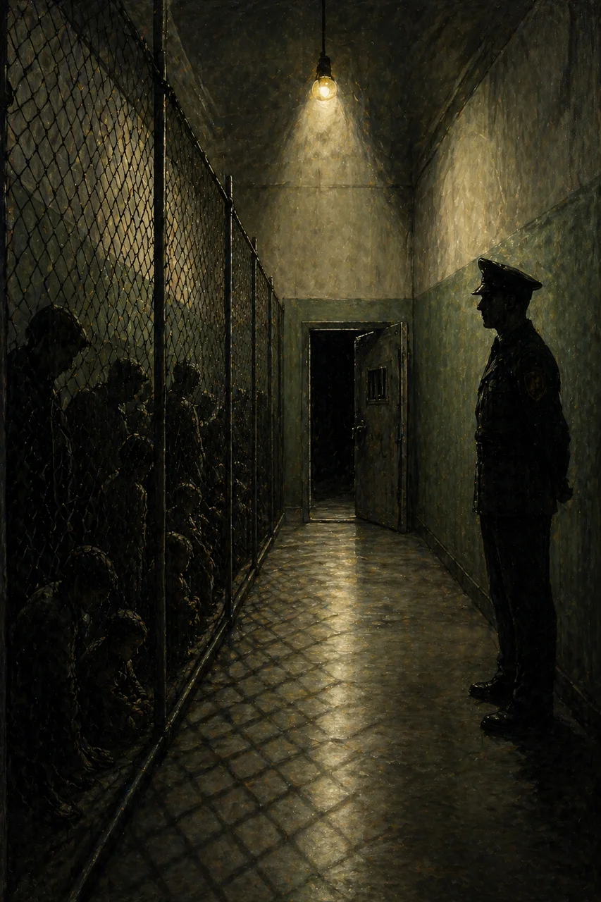 A dim concrete corridor lit by a single overhead lamp, silhouettes of detained figures pressed against a chain-link fence as faceless uniformed officers stand watch