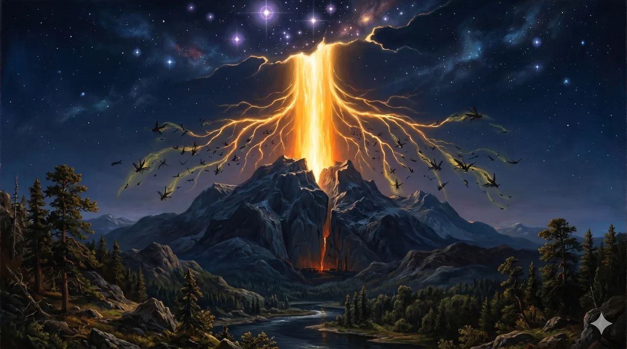 A vast luminous portal opening between night-dark stone peaks, columns of golden light cascading down toward an underground military base while inverted shadows dissolve into the streams
