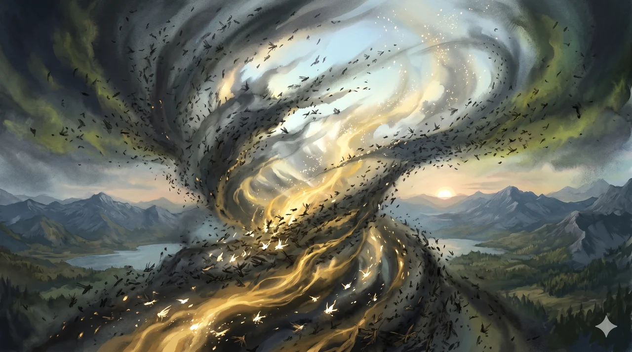A swirling dark swarm of locust-like particles dissolving as luminous golden currents flow through and consume them from within, the swarm thinning into bright dust