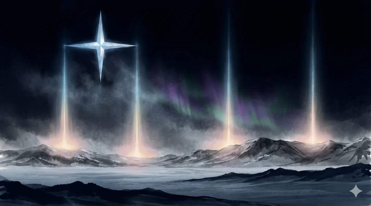 A wide night sky over a snow-covered mountain horizon, the Northern Cross constellation glowing in cool blue, four luminous beams descending from the cross's points to four distant Earth locations