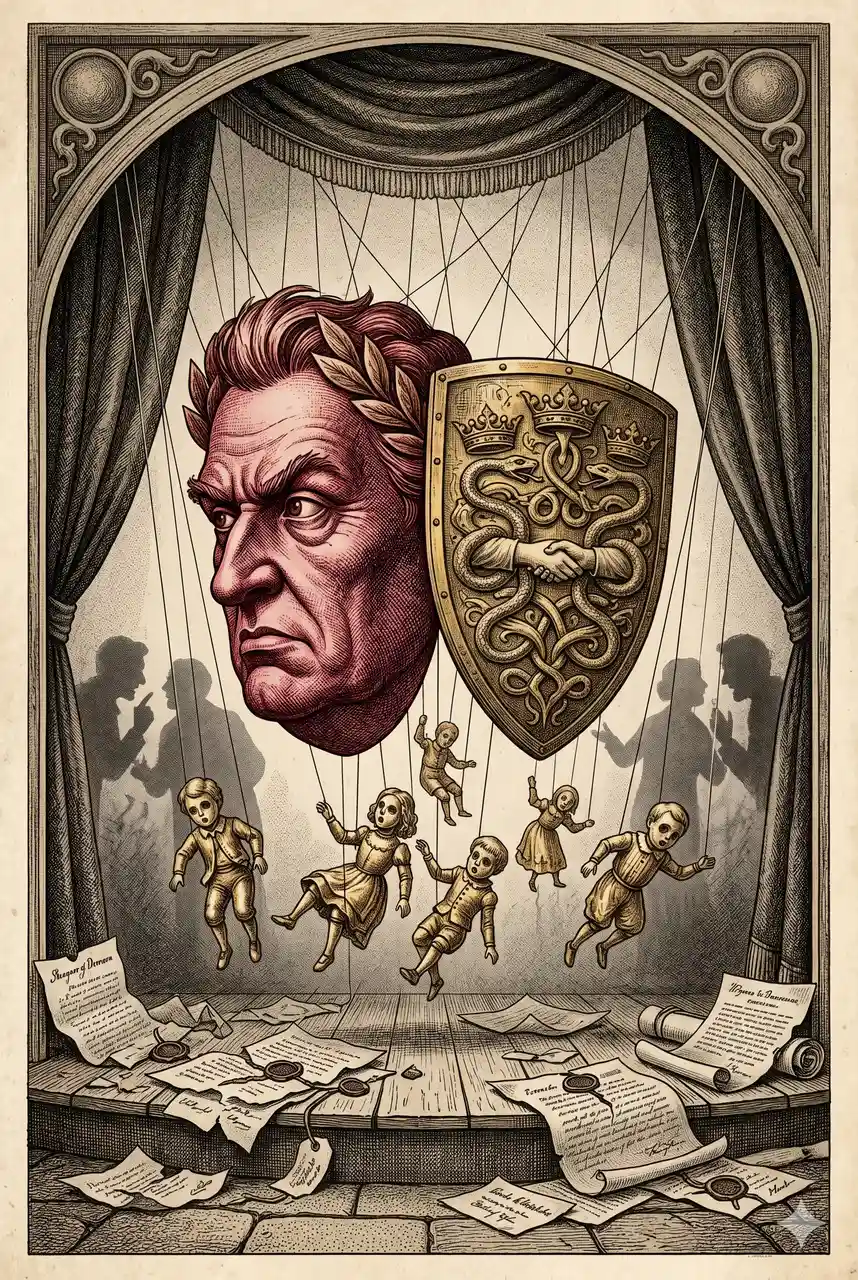 A theatrical mask split between Trump's red-tinted profile and a bloodline crest, conveying the political theater of bloodline succession