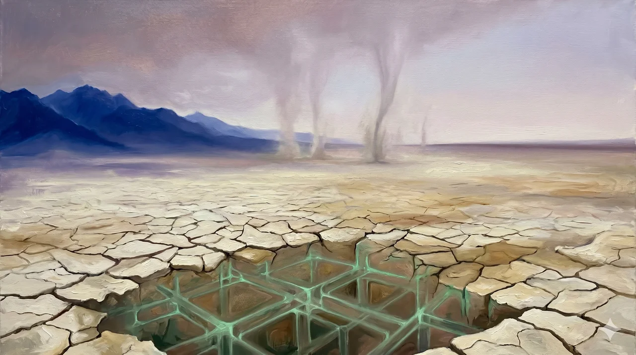 An empty desert landscape between the Rocky Mountains and Kansas with no vegetation, suggesting a quantum tunnel or dead zone with subterranean networks beneath