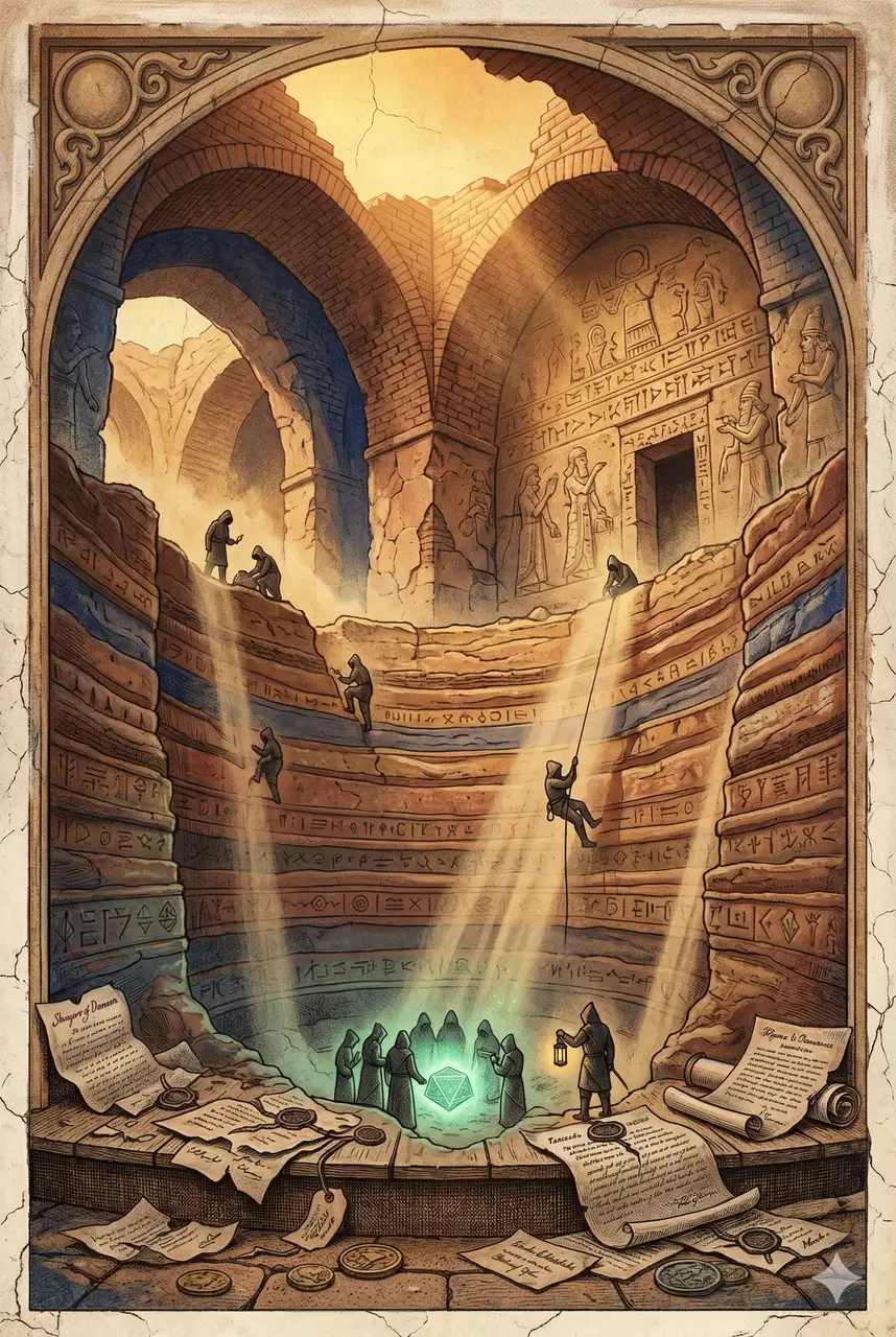 Soldiers excavating beneath an ancient Mesopotamian ruin in Najaf, with a faint glow of an artifact deep underground