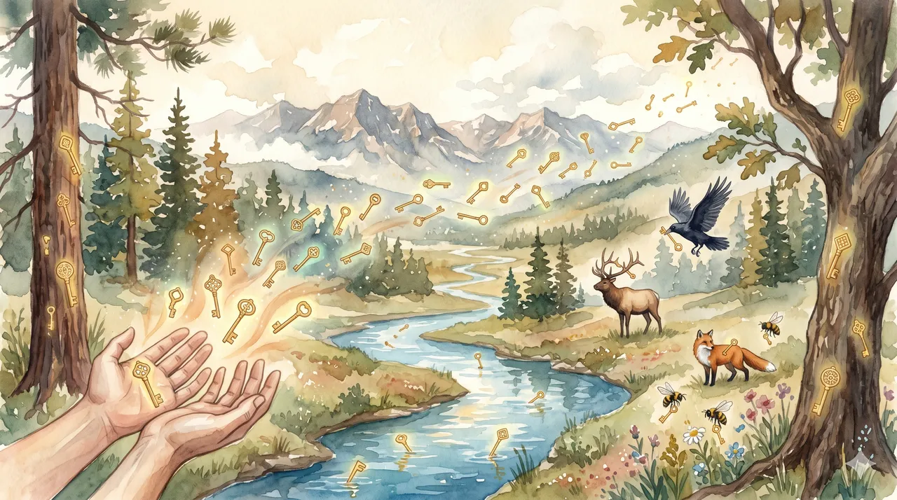 Hands releasing golden keys that scatter into trees, rivers, and wildlife across a broad landscape, conveying permissions distributed across hundreds of positions in nature