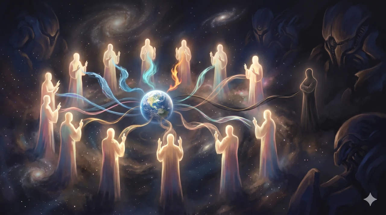 Thirteen luminous figures arranged in a circle around a small Earth, twelve facing inward and one facing away, conveying the original Illuminati covenant
