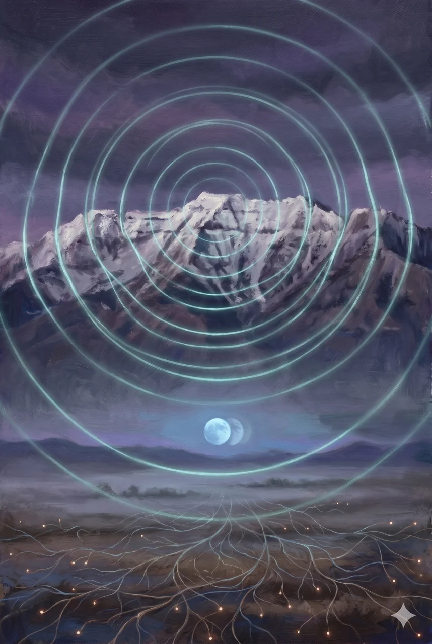 Mount Timpanogos at twilight with concentric distortion rings broadcasting outward, suggesting machine-fed false information radiating into bloodline networks