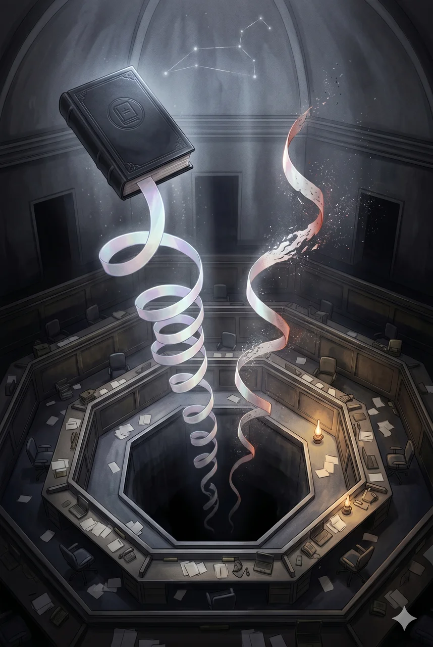 A trading pit at midnight with paper-tape ribbons cascading downward, each ribbon flowing into a black ledger book labeled SHADOW SYSTEM, while a parallel ribbon coming from the same pit dissolves before reaching the book