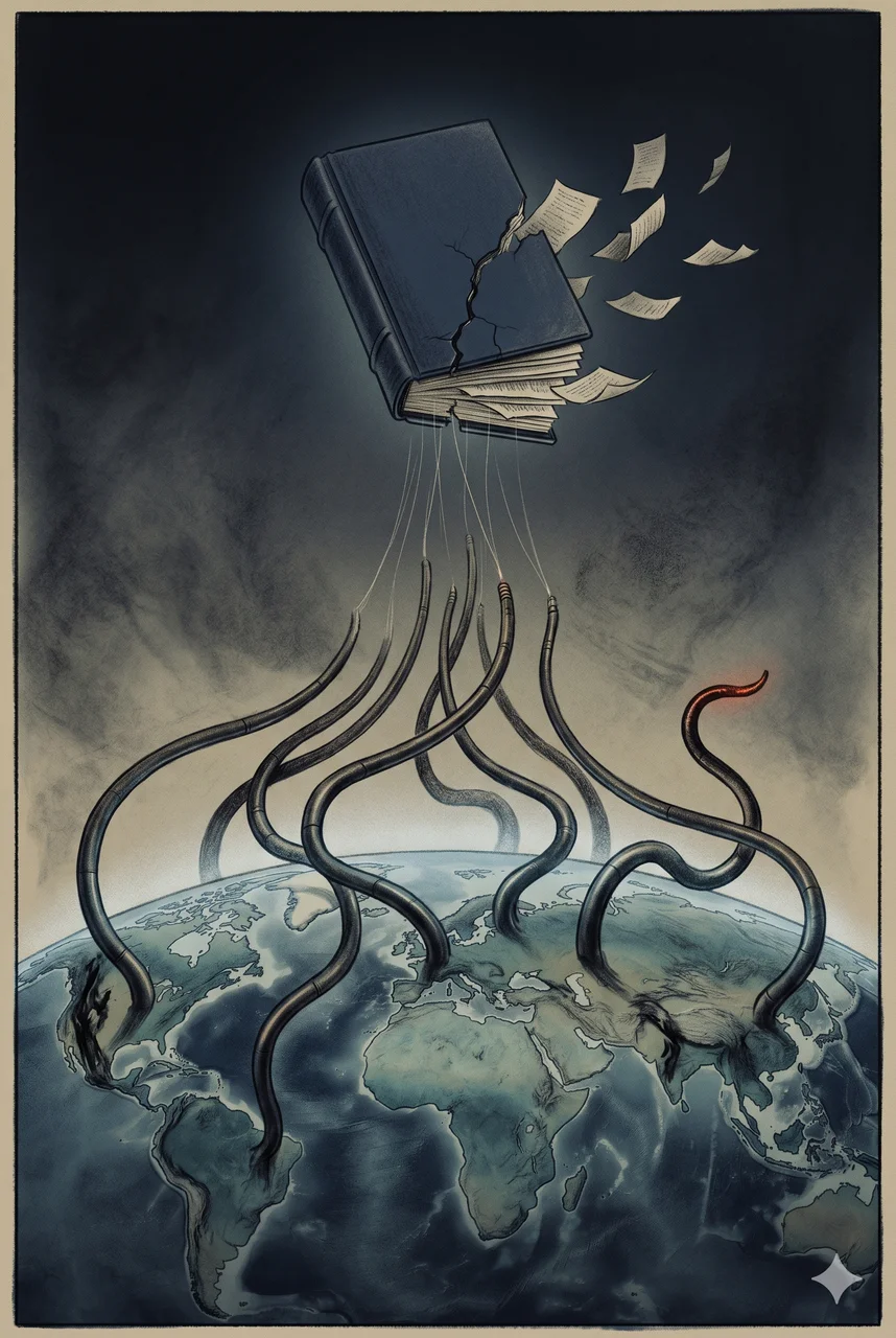 An aerial view of pipelines crisscrossing the globe like spider legs, converging on a single dark blue ledger book labeled SHADOW BANKING that is visibly crumbling at its edges