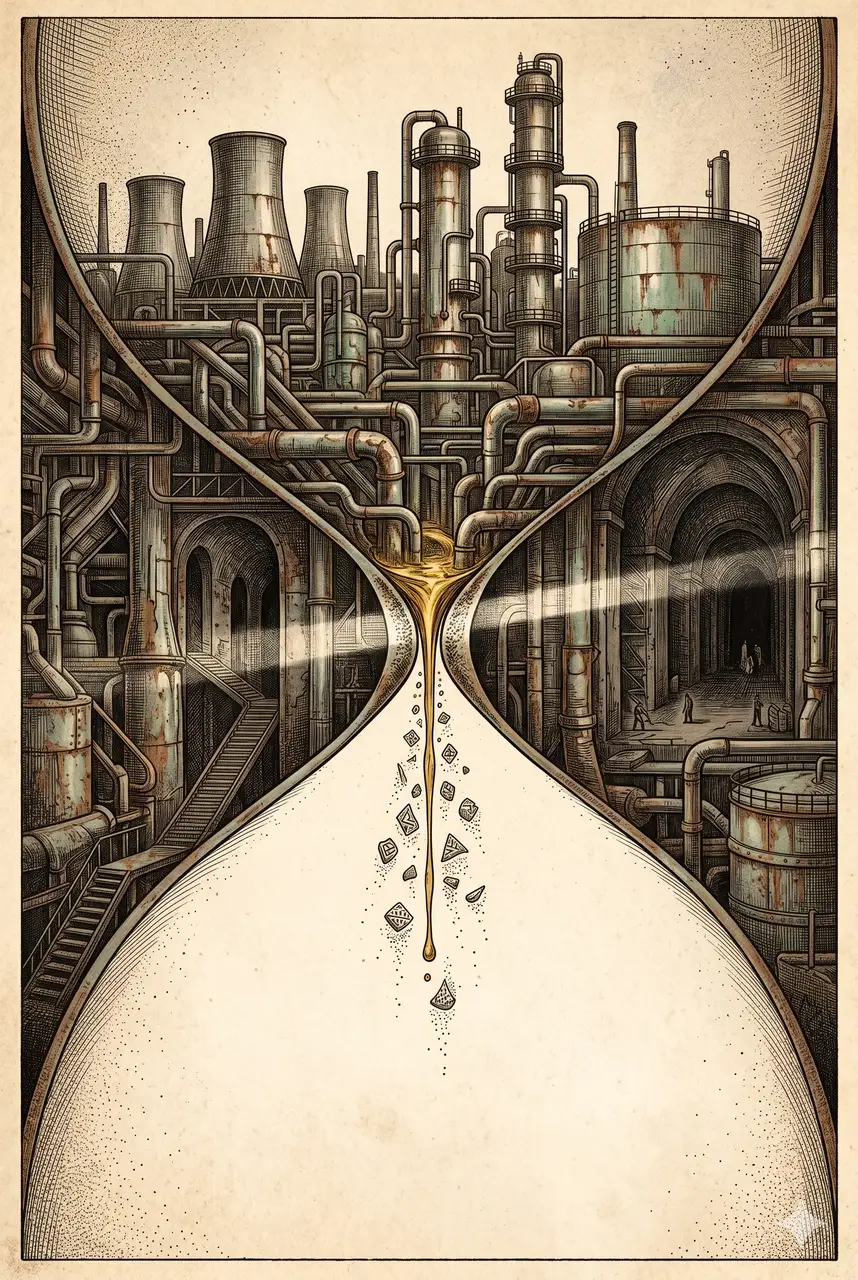 An idle refinery complex with cooling towers and pipework drawn as the narrow neck of an hourglass, sand grains marked with corporate logos draining slowly downward