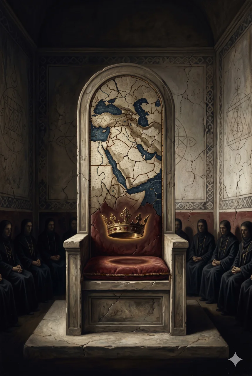 A throne in a darkened chamber with fragmented Middle East territorial maps overlaid on its back, an empty crown floating just above the seat where a Messiah figure is supposed to sit