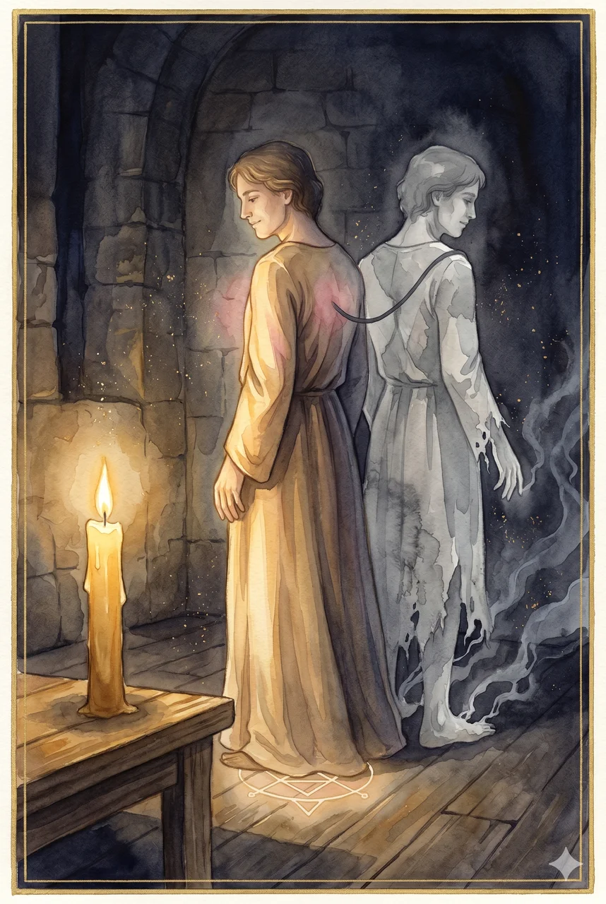 A human figure standing in candlelight, with a translucent shadow figure beside them tethered by a thin dark thread, the human side glowing gold while the shadow side begins to dissolve