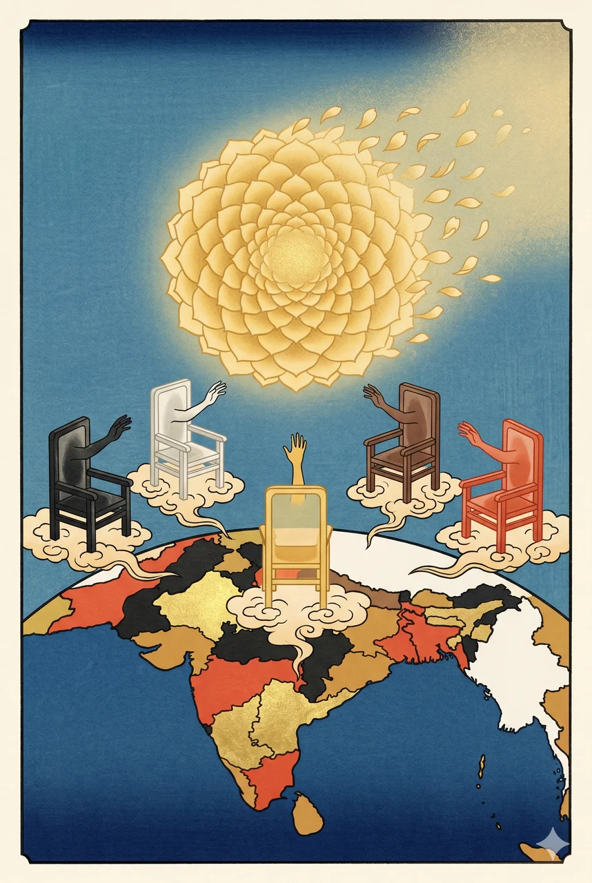 A pulsating gold light suspended above an Indian subcontinent map, with five overlapping translucent thrones (Black, White, Yellow, Brown, Red) reaching upward but failing to grasp it as the light fades from view