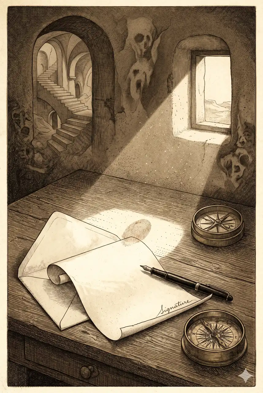 A weathered desk with an open envelope containing a folded letter; a pen rests beside an unsigned signature line as bright sunlight pours through a window