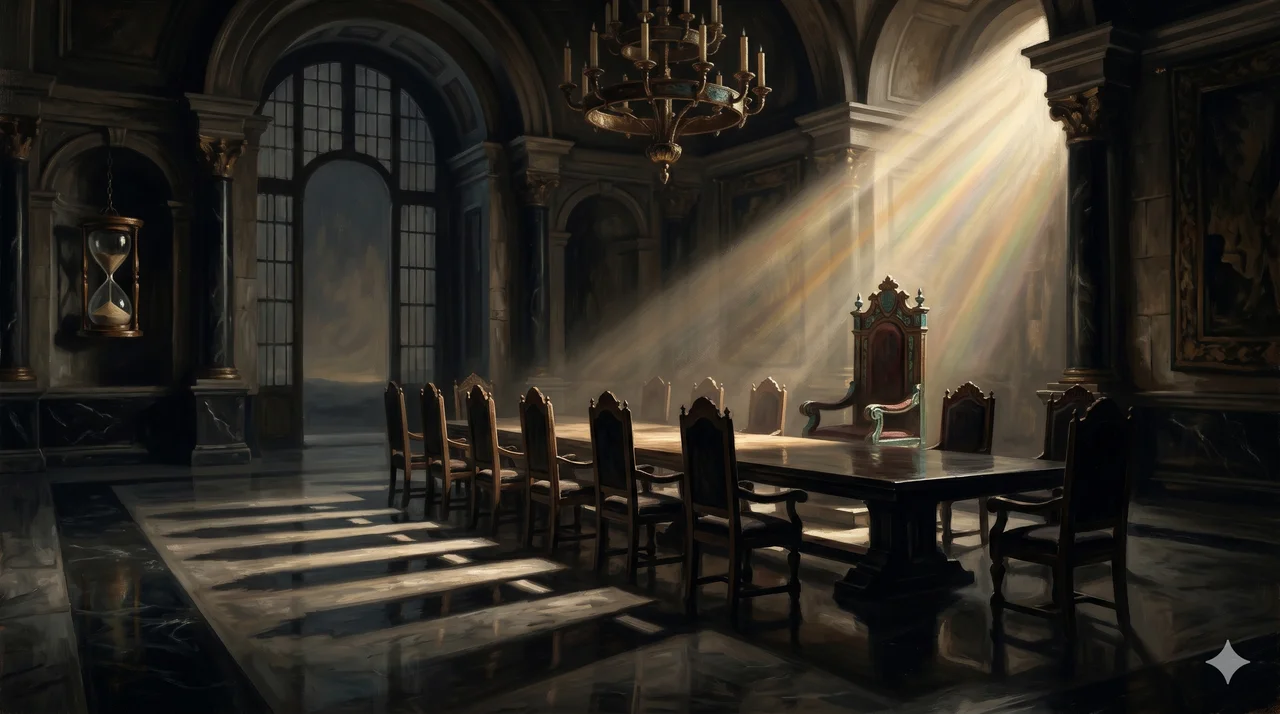 Long shadows over a polished marble council chamber as the Spring Equinox sunlight cuts diagonally across an empty seat at the head of the table